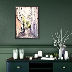 «Акварельная улица Парижа» в интерьере спальни с акцентной стеной