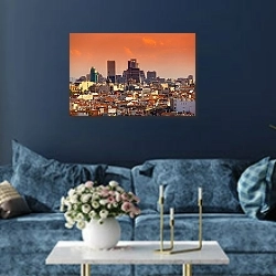 «Испания. Небоскребы  Мадрида на закате» в интерьере современной гостиной в синем цвете