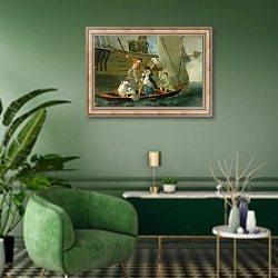 «A Married Sailor's Adieu, c.1800» в интерьере гостиной в зеленых тонах