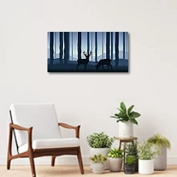 «two wildlife reindeers in the forest blue nature landscape» в интерьере современной комнаты над креслом
