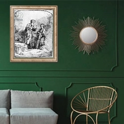 «Abraham and Isaac, 1645» в интерьере классической гостиной с зеленой стеной над диваном