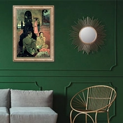 «The Great Buddha, 1899» в интерьере классической гостиной с зеленой стеной над диваном