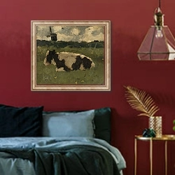 «Resting Cow with a Mill» в интерьере спальни с акцентной стеной