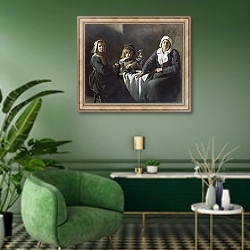 «Четыре человека за столом» в интерьере гостиной в зеленых тонах
