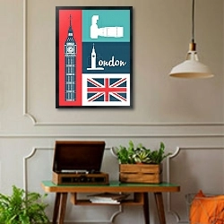 «Лондон, символы Англии 2» в интерьере комнаты в стиле ретро с проигрывателем виниловых пластинок