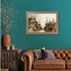 «Houses of the Franc Bateliers and Church of St. Nicholas on the Canal at Ghent, 1845» в интерьере гостиной с зеленой стеной над диваном