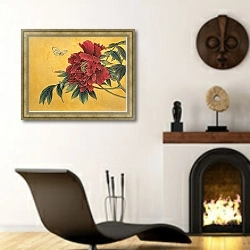 «luxurious and delicate peony and fragile butterfly» в интерьере гостиной в этническом стиле над камином