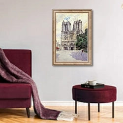 «Cathedral of Notre Dame, Paris» в интерьере гостиной в бордовых тонах