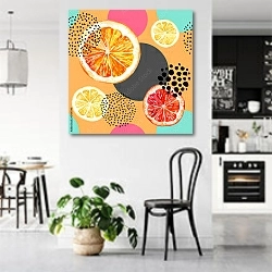 «Красочный узор с апельсинами и грейпфрутами» в интерьере современной светлой кухни