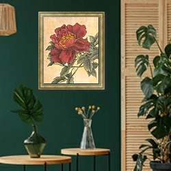 «Красный пион в ретро-стиле» в интерьере в этническом стиле с зеленой стеной