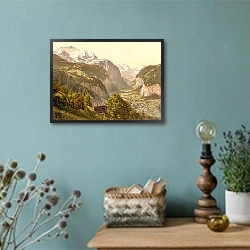 «Швейцария. Лаутербруннен и гора Юнгфрау» в интерьере в стиле ретро с бирюзовыми стенами