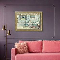 «Давай-давай, уже семь часов.» в интерьере гостиной с розовым диваном