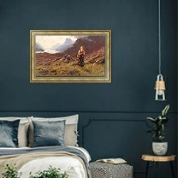 «Девушка, вяжущая на фоне норвежского пейзажа» в интерьере классической спальни с темными стенами