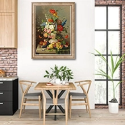 «Großes Blumenstück mit Obst auf Steinplatte» в интерьере кухни с кирпичными стенами над столом