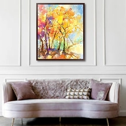 «Осенние деревья, акварель» в интерьере гостиной в классическом стиле над диваном