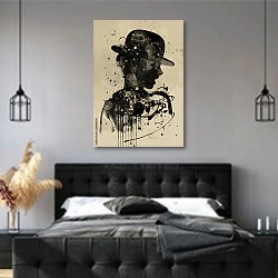 «Силуэт девушки с брызгами в стиле гранж 4» в интерьере современной спальни с черной кроватью