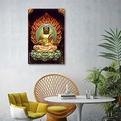 «Статуэта Будды» в интерьере современной гостиной с желтым креслом