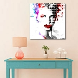 «Современный плакат с портретом девушки» в интерьере в стиле поп-арт над голубым столиком