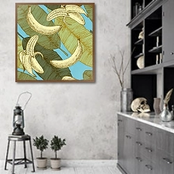 «Узор с бананами и листьями» в интерьере современной кухни в серых тонах