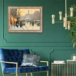 «Paris, Place de la République in the rain,» в интерьере в классическом стиле с зеленой стеной