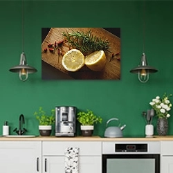 «Разрезанный лимон на доске» в интерьере кухни с зелеными стенами