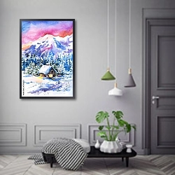 «Зимний пейзаж с избушкой в горах, акварель» в интерьере коридора в классическом стиле