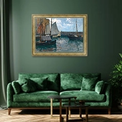 «The Harbour of Camogli» в интерьере зеленой гостиной над диваном