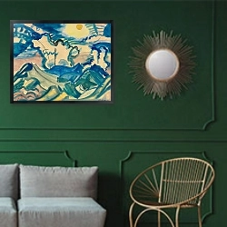 «Пейзаж на перевале Клаузен» в интерьере классической гостиной с зеленой стеной над диваном