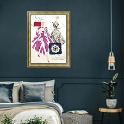 «Sketches and fabric swatches, from 'L'oficiel de la couleur des industries de la mode' 7» в интерьере классической спальни с темными стенами