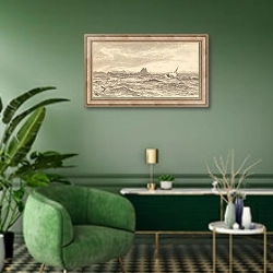 «Illustration for The Cormorants of Utröst» в интерьере гостиной в зеленых тонах