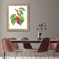 «Ягоды черной вишни на ветке» в интерьере столовой с серыми стенами