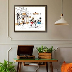 «Цифровая графика: Уютные улочки старого Парижа» в интерьере комнаты в стиле ретро с проигрывателем виниловых пластинок