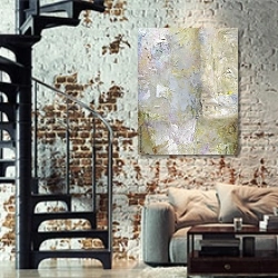 «Абстрактная текстура в пастельных тонах» в интерьере двухярусной гостиной в стиле лофт с кирпичной стеной