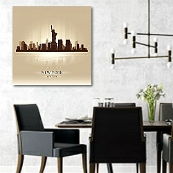 «Нью-Йорк, силуэт города» в интерьере современной столовой с черными креслами