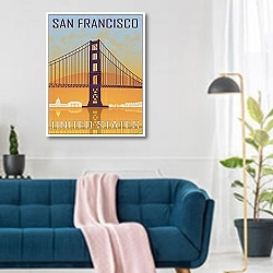 «Сан-Франциско: Золотые ворота на закате» в интерьере современной гостиной над синим диваном