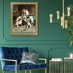 «Пирующие щенки бигля» в интерьере в классическом стиле с зеленой стеной