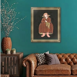 «Эскиз костюма к опере Римского-Корсакова Сказка о царе Салтане» в интерьере гостиной с зеленой стеной над диваном
