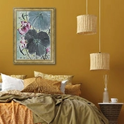 «drawing of a blossoming lotus» в интерьере спальни  в этническом стиле в желтых тонах
