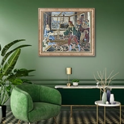 «Penelope with the Suitors» в интерьере гостиной в зеленых тонах