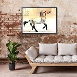 «Equus, 2014,» в интерьере гостиной в стиле лофт над диваном