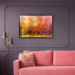 «Красочные осенние деревья» в интерьере гостиной с розовым диваном