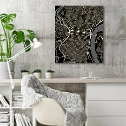 «План города Филадельфия, Пенсильвания, США» в интерьере кабинета в скандинавском стиле с бетонной стеной