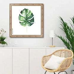 «Акварельный гавайский тропический лист » в интерьере гостиной в скандинавском стиле над комодом