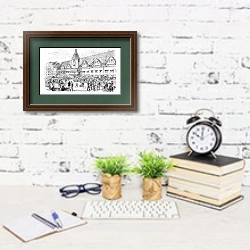 «City Hall and market place in Leipzig, Germany, vintage engraving» в интерьере кабинета с белой кирпичной стеной