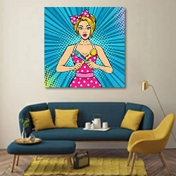 «Девушка с вилкой и ложкой» в интерьере гостиной в стиле поп-арт с желтыми деталями