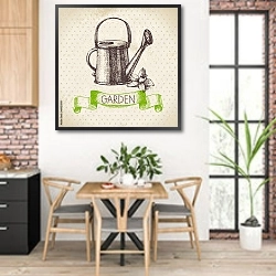 «Иллюстрация с лейкой» в интерьере кухни с кирпичными стенами над столом