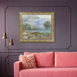 «Two People at the Water's Edge» в интерьере гостиной с розовым диваном