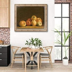 «Still life of apples» в интерьере кухни с кирпичными стенами над столом