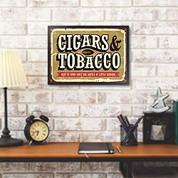 «Сигары и табак, винтажная вывеска» в интерьере кабинета в стиле лофт над столом