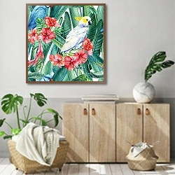 «Летний узор с голубым попугаем, пальмовыми листьями и арбузом » в интерьере современной комнаты над комодом